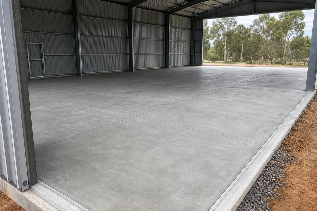 Representative finished concrete floor inside a large commercial shed