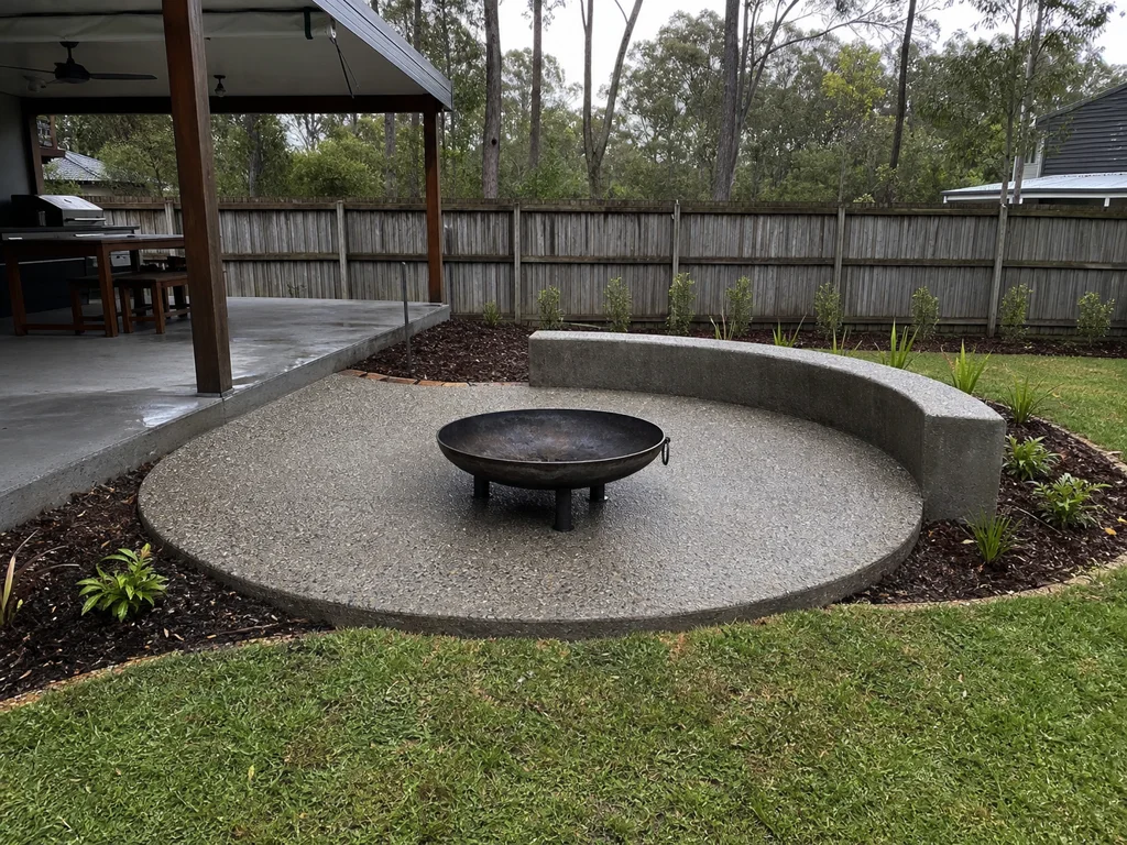 Custom exposed aggregate fire-pit pad and seating edge