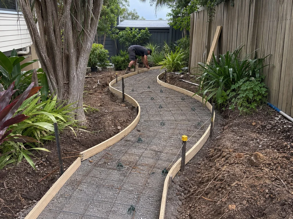 Curved garden pathway prepared with formwork and reinforcement